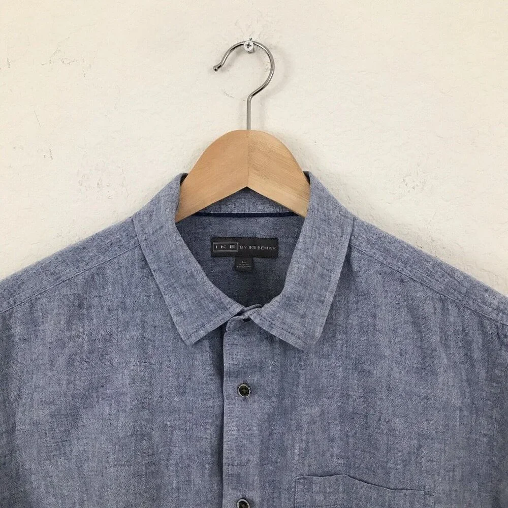 Ike Behar Short Sleeve Linen/Cotton Button Down Blue Shirt | size‎ L
